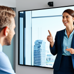 An experienced, diverse professional in a modest business suit, actively engaged in a supportive discussion with a rising, diverse professional in a modern, collaborative office space. They are looking at a presentation on a large screen, with the experienced professional gesturing encouragingly towards the screen. Both are fully clothed in appropriate attire, safe for work, professional dress, appropriate content, family-friendly. Perfect anatomy, correct proportions, natural pose, well-formed hands, proper finger count, natural body proportions, high-quality professional photography, natural lighting.