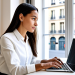 A professional female content creator, poised and focused, in a sophisticated yet modest business-casual ensemble, seated at a sleek, minimalist desk. Her workspace is meticulously organized, with a modern laptop displaying a creative interface, set against a blurred background of a sunlit Parisian office with elegant architectural details. The atmosphere conveys a curated online presence and high-quality production. This image is safe for work, appropriate content, fully clothed, professional dress, perfect anatomy, correct proportions, natural pose, well-formed hands, proper finger count, natural body proportions, and showcases professional photography with crisp detail.