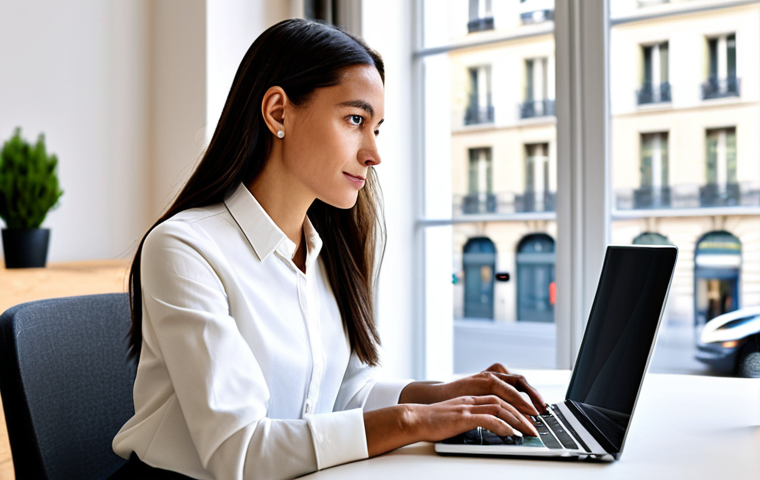 A professional female content creator, poised and focused, in a sophisticated yet modest business-casual ensemble, seated at a sleek, minimalist desk. Her workspace is meticulously organized, with a modern laptop displaying a creative interface, set against a blurred background of a sunlit Parisian office with elegant architectural details. The atmosphere conveys a curated online presence and high-quality production. This image is safe for work, appropriate content, fully clothed, professional dress, perfect anatomy, correct proportions, natural pose, well-formed hands, proper finger count, natural body proportions, and showcases professional photography with crisp detail.
