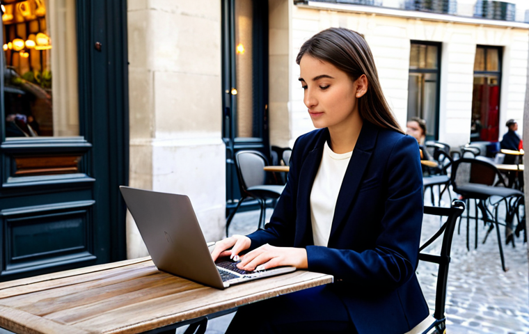 Aspiring Entrepreneur in Paris**
"A young, ambitious entrepreneur, fully clothed in a stylish but modest business casual outfit (think Parisian chic: tailored blazer, neutral top, dark trousers), working on a laptop at a café terrace in Le Marais, Paris. Background shows classic Parisian architecture. Warm, natural lighting. Safe for work. Appropriate content. Perfect anatomy, correct proportions, natural pose. Professional, family-friendly."
**