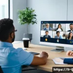 Home 22 경력 스폰서와의 관계에서의 상호 피드백 방법 - A modern office meeting scene featuring a diverse team of professionals engaged in a video conferenc...