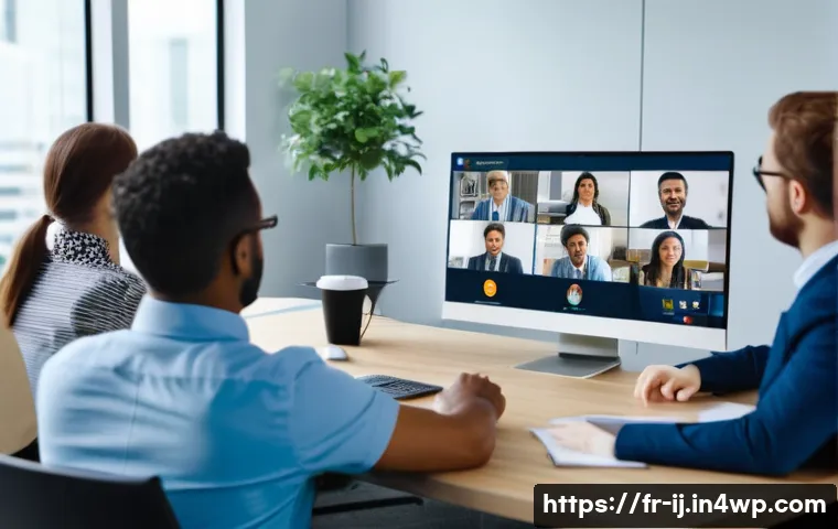 경력 스폰서와의 관계에서의 상호 피드백 방법 - A modern office meeting scene featuring a diverse team of professionals engaged in a video conferenc...