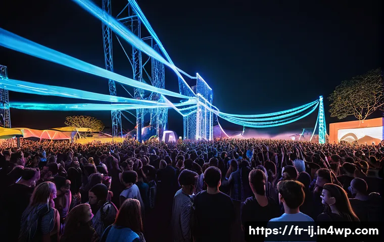 스폰서십의 발전 방향과 미래 전망 - A vibrant scene of a digital-physical hybrid music festival in France, featuring diverse young adult...