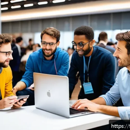 Home 31 산업별 경력 스폰서 찾기 - A professional networking event in a modern Parisian conference hall, featuring diverse French profe...