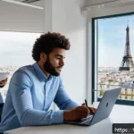 Home 18 스폰서와의 관계에서의 비즈니스 매너 - A professional meeting scene in a modern French office setting, featuring a diverse group of busines...