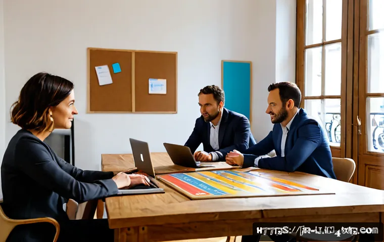 스폰서와의 관계에서의 목표 공유 방법 - Photorealistic French business mentoring meeting in a bright Paris coworking space, a startup founde...